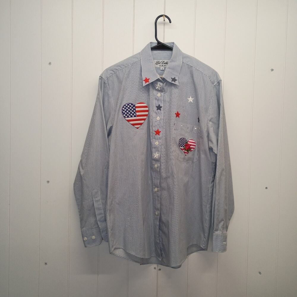 Vintage Get Lucky USA Patriotic Shirt Womens Small Blue Striped Stars Flag Heart